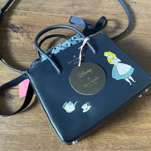 KATE SPADE-NWT Alice In Wonderland Navy Leather Handbag - Picture 1 of 16